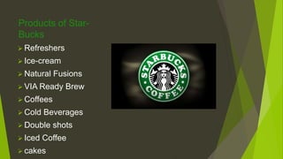 Products of Star-
Bucks
 Refreshers
 Ice-cream
 Natural Fusions
 VIA Ready Brew
 Coffees
 Cold Beverages
 Double shots
 Iced Coffee
 cakes
 