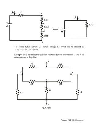 The source sV that delivers 2A current through the circuit can be obtained as
.3.2 2 3.1 6.2sV I Volts= × = × =
Example: L.6.2 Determine the equivalent resistance between the terminals A and B of
network shown in fig.6.4 (a).
Version 2 EE IIT, Kharagpur
 