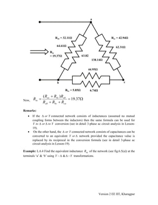 Now, Ω=
++
+
= 37.19
)(
cabcab
abbcac
in
RRR
RRR
R
Remarks:
• If the connected network consists of inductances (assumed no mutual
coupling forms between the inductors) then the same formula can be used for
conversion (see in detail 3-phase ac circuit analysis in Lesson-
19).
or YΔ
Y to or to YΔ Δ
• On the other hand, the connected network consists of capacitances can be
converted to an equivalent
or YΔ
ΔY or network provided the capacitance value is
replaced by its reciprocal in the conversion formula (see in detail 3-phase ac
circuit analysis in Lesson-19).
Example: L.6.4 Find the equivalent inductance of the network (see fig.6.5(a)) at the
terminals ‘a’ & ‘b’ using transformations.
eqR
&Y − Δ Δ −Y
Version 2 EE IIT, Kharagpur
 