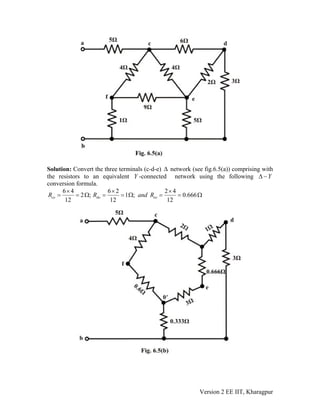 Solution: Convert the three terminals (c-d-e) Δ network (see fig.6.5(a)) comprising with
the resistors to an equivalent Y -connected network using the following YΔ −
conversion formula.
6 4 6 2 2 4
2 ; 1 ; 0.666
12 12 12
co do eoR R and R
× × ×
= = Ω = = Ω = = Ω
Version 2 EE IIT, Kharagpur
 
