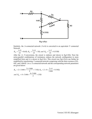 Similarly, the -connected network ( f-e-b) is converted to an equivalent Y -connected
Network.
Δ
1 9 5 9 1 5
0.6 ; 3 ; 0.333
15 15 15
fo eo boR R and R′ ′ ′
× × ×
= = Ω = = Ω = = Ω
After the conversions, the circuit is redrawn and shown in fig.6.5(b). Next the
series-parallel combinations of resistances reduces the network configuration in more
simplified form and it is shown in fig.6.5(c). This circuit (see fig.6.5(c)) can further be
simplified by transforming Y connected network comprising with the three resistors (2
YΔ −
Ω ,
4Ω , and 3.666 ) to a -connected network and the corresponding network parameters
are given below:
Ω Δ
2 3.666 2 4
2 3.666 7.5 ; 2 4 8.18 ;
4 3.666
4 3.666
4 3.666 15
2
co cb
bo
R R
and R
′
′
× ×
= + + = Ω = + + = Ω
×
= + + = Ω
Version 2 EE IIT, Kharagpur
 