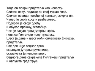 Тада он покри пријатеља као невесту.
Сличан лаву, подиже он свој тужан глас.
Сличан лавици погођеној копљем, заурла он.
Чупао је своју косу и разбацивао.
Подерао је своју одећу
и обукао прашну, жалобну.
Чим је засјао први јутарњи зрак,
подиже Гилгамеш нову тужаљку.
Шест је дана и шест ноћи оплакивао Енкидуа,
пријатеља.
Све док није седмог дана
освануло јутарње руменило,
оставио га је непокопаног.
Седмога дана сахрањује Гилгамеш пријатеља
и напушта град Урук.
 