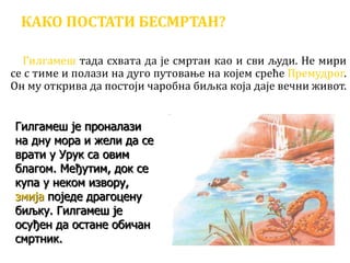 КАКО ПОСТАТИ БЕСМРТАН?
Гилгамеш тада схвата да је смртан као и сви људи. Не мири
се с тиме и полази на дуго путовање на којем среће Премудрог.
Он му открива да постоји чаробна биљка која даје вечни живот.
Гилгамеш је проналази
на дну мора и жели да се
врати у Урук са овим
благом. Међутим, док се
купа у неком извору,
змија поједе драгоцену
биљку. Гилгамеш је
осуђен да остане обичан
смртник.
 
