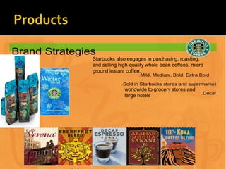 Starbucks also engages in purchasing, roasting,
and selling high-quality whole bean coffees, micro
ground instant coffee.
worldwide to grocery stores and
large hotels
 
