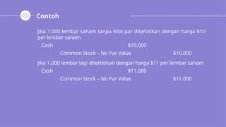 Contoh
Jika 1.000 lembar saham tanpa nilai par diterbitkan dengan harga $10
per lembar saham
Cash $10.000
Common Stock – No Par Value $10.000
Jika 1.000 lembar lagi diterbitkan dengan harga $11 per lembar saham
Cash $11.000
Common Stock – No Par Value $11.000
 
