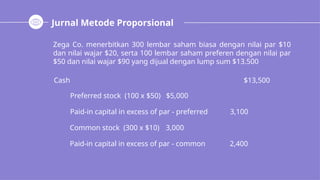 Jurnal Metode Proporsional
Zega Co. menerbitkan 300 lembar saham biasa dengan nilai par $10
dan nilai wajar $20, serta 100 lembar saham preferen dengan nilai par
$50 dan nilai wajar $90 yang dijual dengan lump sum $13.500
Cash $13,500
Preferred stock (100 x $50) $5,000
Paid-in capital in excess of par - preferred 3,100
Common stock (300 x $10) 3,000
Paid-in capital in excess of par - common 2,400
 