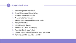 Pokok Bahasan
1. Bentuk Organisasi Perseroan
2. Modal Saham atau Sistem Saham
3. Prosedur Penerbitan Saham
4. Akuntansi Saham Treasury
5. Akuntansi dan Peloporan Saham Preferen
6. Kebijakan Dividen
7. Bentuk-bentuk dividen
8. Pemecahan Saham (Stock Split)
9. Penyajian Stockholder’s Equity
10. Dividen Saham Preferen dan Nilai Buku per Saham
11. Perbandingan US GAAP dengan IFRS
 