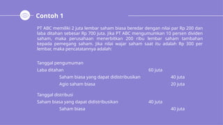 Contoh 1
PT ABC memiliki 2 juta lembar saham biasa beredar dengan nilai par Rp 200 dan
laba ditahan sebesar Rp 700 juta. Jika PT ABC mengumumkan 10 persen dividen
saham, maka perusahaan menerbitkan 200 ribu lembar saham tambahan
kepada pemegang saham. Jika nilai wajar saham saat itu adalah Rp 300 per
lembar, maka pencatatannya adalah:
Tanggal pengumuman
Laba ditahan 60 juta
Saham biasa yang dapat didistribusikan 40 juta
Agio saham biasa 20 juta
Tanggal distribusi
Saham biasa yang dapat didistribusikan 40 juta
Saham biasa 40 juta
 