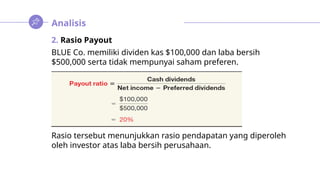 Analisis
2. Rasio Payout
BLUE Co. memiliki dividen kas $100,000 dan laba bersih
$500,000 serta tidak mempunyai saham preferen.
Rasio tersebut menunjukkan rasio pendapatan yang diperoleh
oleh investor atas laba bersih perusahaan.
 