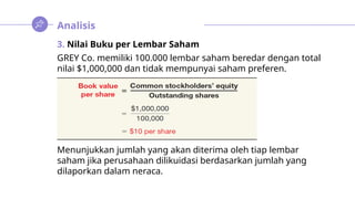 Analisis
3. Nilai Buku per Lembar Saham
GREY Co. memiliki 100.000 lembar saham beredar dengan total
nilai $1,000,000 dan tidak mempunyai saham preferen.
Menunjukkan jumlah yang akan diterima oleh tiap lembar
saham jika perusahaan dilikuidasi berdasarkan jumlah yang
dilaporkan dalam neraca.
 
