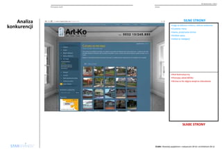 Analiza 
konkurencji 
© Starbrands / 2013 
Percepcja marki 
Almet 
SILNE STRONY 
•Logo w dobrym miejscu, dobrze widoczne 
•Czytelne menu 
•Jasna, przejrzysta strona 
•Krótkie opisy 
•Łatwa w nawigacji 
•Kod kolorystyczny 
•Pionowy układ MENU 
•Strona w tle zdjęcia wnętrza mieszkania 
SŁABE STRONY 
Żródło:Wywiady pogłębione z nabywcami (N=6) i architektami (N=2) 
 