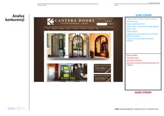 Analiza 
konkurencji 
© Starbrands / 2013 
Percepcja marki 
Almet 
SILNE STRONY 
•Logo w dobrym miejscu, dobrze widoczne 
•Czytelne menu 
•Jasna, przejrzysta strona 
•Zdanie jasno i krótko pozycjonujące agencję 
•Duży rotator 
•Piękne zdjęcia 
•Obecność ikon do profilu firmy na mediach 
społecznościowych 
•Kojarzy się z wysoką jakością, wiedzą 
eksperta 
•Overcrowded 
•Podwójne menu 
•Struktura informacji 
•Zamkowa, brązowa kolorystyka kojarząca się 
z błotem 
SŁABE STRONY 
Żródło:Wywiady pogłębione z nabywcami (N=6) i architektami (N=2) 
 
