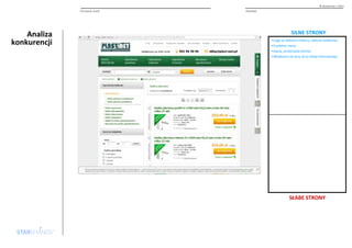 Analiza 
konkurencji 
© Starbrands / 2013 
Percepcja marki PlastMet 
SILNE STRONY 
•Logo w dobrym miejscu, dobrze widoczne 
•Czytelne menu 
•Jasna, przejrzysta strona 
•Wiadomo od razu że to sklep internetowy 
SŁABE STRONY 
 