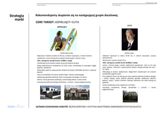 Strategia 
marki 
© Starbrands / 2013 
Grupa docelowa PHU Alexander 
Rekomendujemy skupienie się na następującej grupie docelowej. 
CORE TARGET: ASPIRUJĄCY I ELITA 
ASPIRUJĄCY 
UPPER MID-CLASS 
•Mężczyżni i kobiety w wieku 35-45 lat, b. dobrze sytuowani, z małymi dziećmi. 
•Dyrektorzy i starsi kierownicy w dużych korporacjach z dużych miast.. 
•Min. miesięczne zarobki brutto 15.000zł / osobę 
•Pochłonięci przez karierę i pięcie się po jej drabinie do góry. 
•Mają hedonistyczne nastawienie do życia, które umożliwiają im pieniądze (ciągłe 
podróże, spotkania). 
•Mieszkają często w nowoczesnych willach lub dużych 300-400m domach o stylizacji 
dworku. 
•Dom to wizytówka ich statusu społecznego i sukcesu zawodowego. 
•Wybierają ogrodzenie/bramę, które ma pasować do designu ich domu. 
•Bramy i drzwi garażowe wybierają z automatyką dobrej i znanej marki. 
•Oczekują kompletnej obsługi (doradztwo + montaż + serwis pogwarancyjny). 
ELITA 
UPPER CLASS 
•Głównie mężczyżni w wieku 45-65 lat, b. dobrze sytuowani, wyższe 
wykształcenie. 
•Biznesmeni i prezesi dużych firm. 
•Min. miesięczne zarobki brutto 30.000zł / osobę 
•Cenią i chronią swoją i swoich najbliższych prywatność.. Dom to ich azyl 
ciszy, spokoju i harmonii a jednocześnie bastion bezpieczeństwa dla nich i 
ich rodzin. 
•Mieszkają w dużych, wytwornych, eleganckich rezydencjach od znanych 
architektów zagranicznych. 
•Przy wyborze domu nie kierują się ceną a jedynie jakością (unikalny design) 
i marką. Kupują zatem pięknie położone gotowe rezydencje (dworki, 
pałace), często z dużym terenem zielonym (parkiem) lub takie budują od 
podstaw. 
•Domy projektują uznani zagraniczni architekci. 
•Oczekują kompletnej obsługi (doradztwo + montaż + serwis 
pogwarancyjny). 
GŁÓWNA OCZEKIWANA KORZYŚĆ: BEZPIECZEŃSTWO I ESTETYKA (WIZYTÓWKA ZAMOŻNOŚCI/STATUSU/GUSTU) 
 