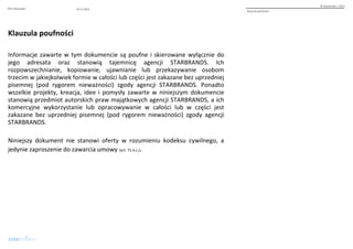 10.11.2013 
Klauzula poufności 
Klauzula poufności 
Informacje zawarte w tym dokumencie są poufne i skierowane wyłącznie do 
jego adresata oraz stanowią tajemnicę agencji STARBRANDS. Ich 
rozpowszechnianie, kopiowanie, ujawnianie lub przekazywanie osobom 
trzecim w jakiejkolwiek formie w całości lub części jest zakazane bez uprzedniej 
pisemnej (pod rygorem nieważności) zgody agencji STARBRANDS. Ponadto 
wszelkie projekty, kreacja, idee i pomysły zawarte w niniejszym dokumencie 
stanowią przedmiot autorskich praw majątkowych agencji STARBRANDS, a ich 
komercyjne wykorzystanie lub opracowywanie w całości lub w części jest 
zakazane bez uprzedniej pisemnej (pod rygorem nieważności) zgody agencji 
STARBRANDS. 
Niniejszy dokument nie stanowi oferty w rozumieniu kodeksu cywilnego, a 
jedynie zaproszenie do zawarcia umowy (art. 71 k.c.). 
© Starbrands / 2013 
PHU Alexander 
 