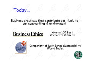 Today…

Business practices that contribute positively to
        our communities & environment

                             Among 100 Best
                            Corporate Citizens


             Component of Dow Jones Sustainability
                         World Index
 