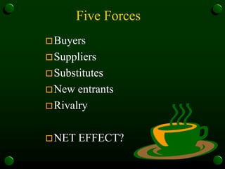 Five Forces
Buyers
Suppliers
Substitutes
New entrants
Rivalry
NET EFFECT?
 