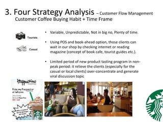 3. Four Strategy Analysis – Customer Flow Management
Customer Coffee Buying Habit + Time Frame
• Variable, Unpredictable, Not in big no, Plenty of time.
• Using POS and book-ahead option, those clients can
wait in our shop by checking internet or reading
magazine (concept of book cafe, tourist guides etc.).
• Limited period of new product tasting program in non-
peak period: it relieve the clients (especially for the
casual or local clients) over-concentrate and generate
viral discussion topic
 