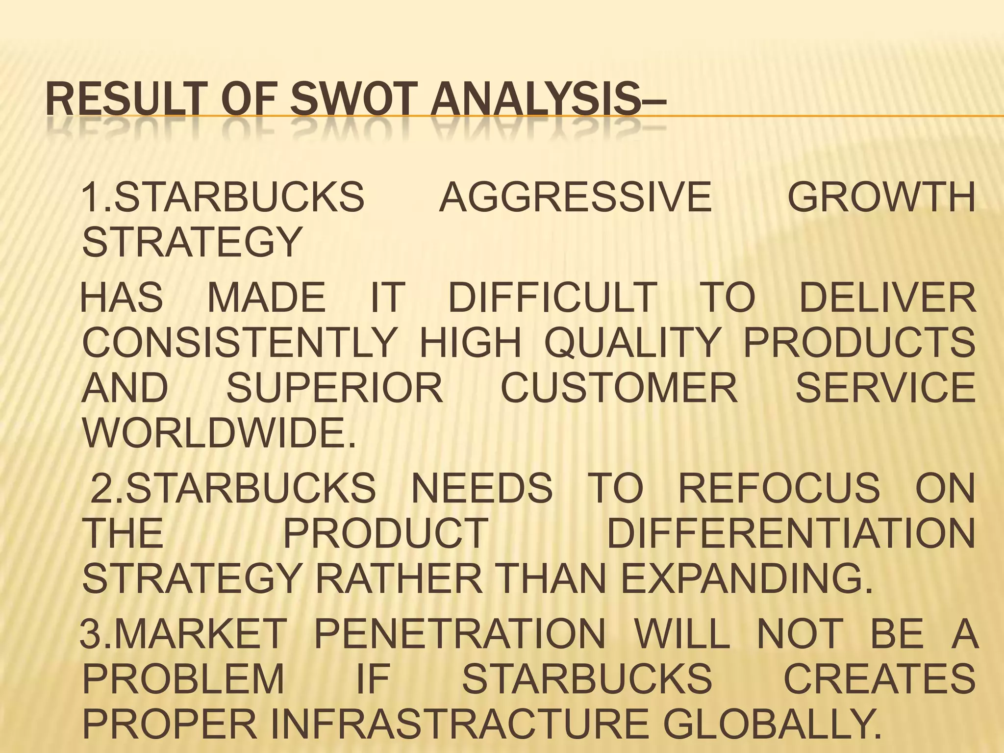 RESULT OF SWOT ANALYSIS--   1.STARBUCKS AGGRESSIVE GROWTH STRATEGY   HAS MADE IT DIFFICULT TO DELIVER CONSISTENTLY HIGH QUALITY PRODUCTS AND SUPERIOR CUSTOMER SERVICE WORLDWIDE.    2.STARBUCKS NEEDS TO REFOCUS ON THE PRODUCT DIFFERENTIATION STRATEGY RATHER THAN EXPANDING.   3.MARKET PENETRATION WILL NOT BE A PROBLEM IF STARBUCKS CREATES PROPER INFRASTRACTURE GLOBALLY.
