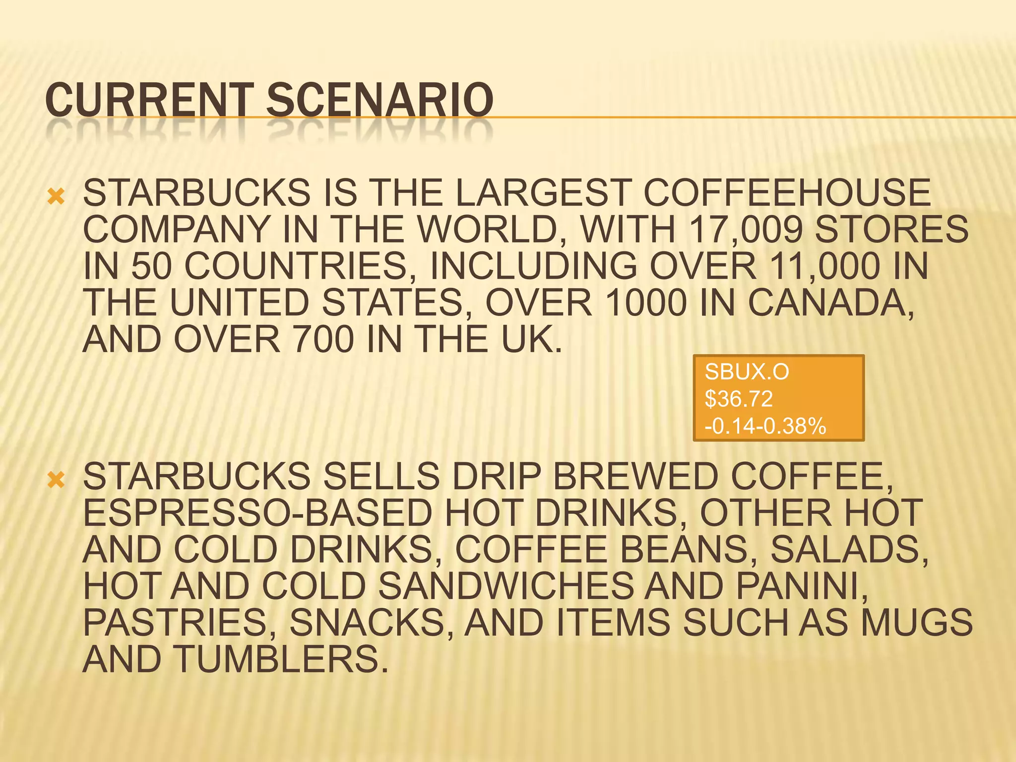 CURRENT SCENARIOSTARBUCKS IS THE LARGEST COFFEEHOUSE COMPANY IN THE WORLD, WITH 17,009 STORES IN 50 COUNTRIES, INCLUDING OVER 11,000 IN THE UNITED STATES, OVER 1000 IN CANADA, AND OVER 700 IN THE UK.STARBUCKS SELLS DRIP BREWED COFFEE, ESPRESSO-BASED HOT DRINKS, OTHER HOT AND COLD DRINKS, COFFEE BEANS, SALADS, HOT AND COLD SANDWICHES AND PANINI, PASTRIES, SNACKS, AND ITEMS SUCH AS MUGS AND TUMBLERS.SBUX.O$36.72-0.14-0.38%