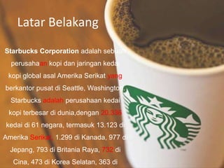 Latar Belakang
Starbucks Corporation adalah sebuah
perusahaan kopi dan jaringan kedai
kopi global asal Amerika Serikat yang
berkantor pusat di Seattle, Washington.
Starbucks adalah perusahaan kedai
kopi terbesar di dunia,dengan 20.336
kedai di 61 negara, termasuk 13.123 di
Amerika Serikat, 1.299 di Kanada, 977 di
Jepang, 793 di Britania Raya, 732 di
Cina, 473 di Korea Selatan, 363 di
 