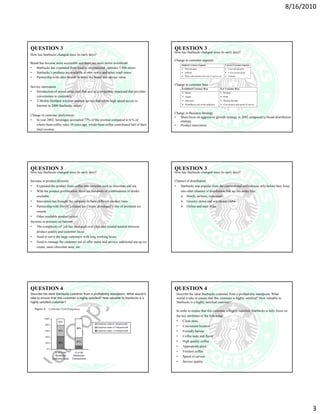 8/16/2010




QUESTION 3                                                                              QUESTION 3
                                                                                        How has Starbucks changed since its early days?
How has Starbucks changed since its early days?
                                                                                        Change in customer segment
Brand has become more accessible and there are more stores worldwide
• Starbucks has expanded from local to international ,operates 5,886 stores
• Starbucks’s products are available at own stores and other retail stores
• Partnership with other brands to boost the brand and service value

                                                                                        Change in customer base
Service innovation
• Introduction of stored value card that acts as a swipeable smartcard that provides
    convenience to customers
• T-Mobile HotSpot wireless internet service that offers high speed access to
    Internet in 2000 Starbucks stores.

                                                                                        Change in Business Strategy
Change in customer preferences
                                                                                        • Main focus on aggressive growth strategy in 2002 compared to broad distribution
• In year 2002, beverages accounted 77% of the revenue compared to 6 % of                  strategy
   whole-bean coffee sales.10 years ago, whole-bean coffee contributed half of their    • Product innovation
   total revenue




QUESTION 3                                                                              QUESTION 3
How has Starbucks changed since its early days?                                         How has Starbucks changed since its early days?

Increase in product diversity                                                           Channel of distribution
• Expanded the product from coffee into varieties such as chocolate and tea.            • Starbucks was popular from the conventional coffeehouse only before they foray
• With the product proliferation, there are hundreds of combinations of drinks             into other channel of distribution that we see today like:
     available.                                                                                 Hotels, airlines, restaurant
• Innovation has brought the company to have different product lines.                           Grocery stores and warehouse clubs
•    Partnership with Dreyer’s Grand Ice Cream ,developed a line of premium ice                 Online and mail order
     creams
• Other available product mixes
Increase in pressure on baristas
• The complexity of job has increased over time and created tension between
     product quality and customer focus
• Need to serve the large customers with long working hours
•   Need to manage the customer out of offer menu and service, additional top up ice
    cream ,more chocolate taste, etc.




QUESTION 4                                                                              QUESTION 4
Describe the ideal Starbucks customer from a profitability standpoint. What would it     Describe the ideal Starbucks customer from a profitability standpoint. What
take to ensure that this customer is highly satisfied? How valuable to Starbucks is a    would it take to ensure that this customer is highly satisfied? How valuable to
highly satisfied customer?                                                               Starbucks is a highly satisfied customer?

                                                                                         In order to ensure that this customer is highly satisfied, Starbucks is fully focus on
                                                                                         the key attributes of the following:
                                                                                         • Clean store
                                                                                         • Convenient location
                                                                                         • Friendly barista
                                                                                         • Coffee taste and flavor
                                                                                         •   High quality coffee
                                                                                         •   Appropriate price
                                                                                         •   Freshest coffee
                                                                                         •   Speed of service
                                                                                         •   Service quality




                                                                                                                                                                                    3
 