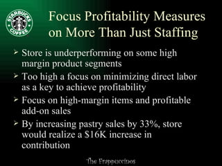 Focus Profitability Measures on More Than Just Staffing Store is underperforming on some high margin product segments Too high a focus on minimizing direct labor as a key to achieve profitability Focus on high-margin items and profitable add-on sales By increasing pastry sales by 33%, store would realize a $16K increase in contribution 