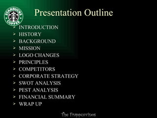 Presentation Outline INTRODUCTION HISTORY BACKGROUND MISSION LOGO CHANGES PRINCIPLES COMPETITORS CORPORATE STRATEGY SWOT ANALYSIS PEST ANALYSIS FINANCIAL SUMMARY WRAP UP 