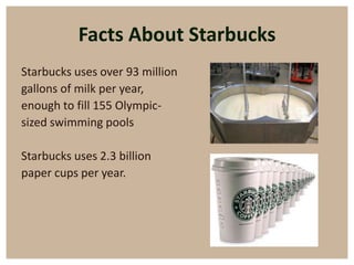 Facts About Starbucks
Starbucks uses over 93 million
gallons of milk per year,
enough to fill 155 Olympic-
sized swimming pools

Starbucks uses 2.3 billion
paper cups per year.
 