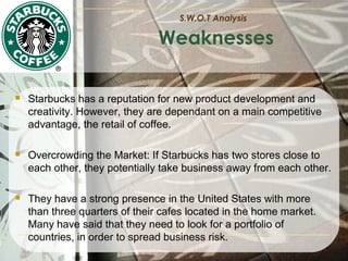 S.W.O.T Analysis

Weaknesses


Starbucks has a reputation for new product development and
creativity. However, they are dependant on a main competitive
advantage, the retail of coffee.



Overcrowding the Market: If Starbucks has two stores close to
each other, they potentially take business away from each other.



They have a strong presence in the United States with more
than three quarters of their cafes located in the home market.
Many have said that they need to look for a portfolio of
countries, in order to spread business risk.

 