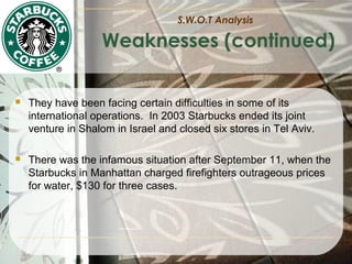 S.W.O.T Analysis

Weaknesses (continued)


They have been facing certain difficulties in some of its
international operations. In 2003 Starbucks ended its joint
venture in Shalom in Israel and closed six stores in Tel Aviv.



There was the infamous situation after September 11, when the
Starbucks in Manhattan charged firefighters outrageous prices
for water, $130 for three cases.

 