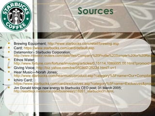 Sources




Brewing Equipment; http://www.starbucks.com/retail/brewing.asp
Card; https://www.starbucks.com/card/default.asp



Datamonitor - Starbucks Corporation;
http://www.investor.reuters.com/data/files/Company%20Profile%20Sample%20for%20Reuter



Ethos Water;
http://www.fortune.com/fortune/investing/articles/0,15114,1089995,00.html?promoid=ya
Giving Voice; http://biz.yahoo.com/bw/050802/25224.html?.v=1
Hear Music—Norah Jones;
http://www.starbucks.com/hearmusic/product.asp?category%5Fname=Our+Compilation
Ichiro Card;
https://www.starbucks.com/card/exclusives.asp?category%5Fname=Exclusives&produc






Jim Donald brings new energy to Starbucks CEO post; 31 March 2005;
http://seattlepi.nwsource.com/business/218261_starbucks31.html.

 