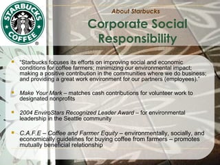 About Starbucks

Corporate Social
Responsibility


“Starbucks focuses its efforts on improving social and economic
conditions for coffee farmers; minimizing our environmental impact;
making a positive contribution in the communities where we do business;
and providing a great work environment for our partners (employees).”



Make Your Mark – matches cash contributions for volunteer work to
designated nonprofits



2004 EnviroStars Recognized Leader Award – for environmental
leadership in the Seattle community



C.A.F.E – Coffee and Farmer Equity – environmentally, socially, and
economically guidelines for buying coffee from farmers – promotes
mutually beneficial relationship

 
