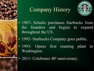  1987- Schultz purchases Starbucks from
the founders and begins to expand
throughout the US.
 1992- Starbucks Company goes public.
 1993- Opens first roasting plant in
Washington.
 2011- Celebrates 40th
anniversary.
Company History
 
