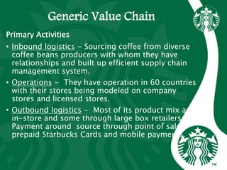 Generic Value Chain
Primary Activities
• Inbound logistics - Sourcing coffee from diverse
coffee beans producers with whom they have
relationships and built up efficient supply chain
management system.
• Operations - They have operation in 60 countries
with their stores being modeled on company
stores and licensed stores.
• Outbound logistics - Most of its product mix are
in-store and some through large box retailers.
Payment around source through point of sale,
prepaid Starbucks Cards and mobile payments.
 