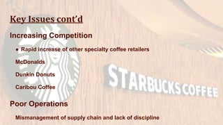 Key Issues cont’d
Increasing Competition
● Rapid increase of other specialty coffee retailers
McDonalds
Dunkin Donuts
Caribou Coffee
Poor Operations
Mismanagement of supply chain and lack of discipline
 