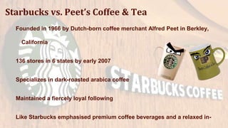 Founded in 1966 by Dutch-born coffee merchant Alfred Peet in Berkley,
California
136 stores in 6 states by early 2007
Specializes in dark-roasted arabica coffee
Maintained a fiercely loyal following
Like Starbucks emphasised premium coffee beverages and a relaxed in-
Starbucks vs. Peet’s Coffee & Tea
 