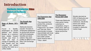 Introduction
Starbucks Introduction Video
History of Starbucks
Bags of Beans 1971-
1987
Found in Seattle,
Washington by Gerald
Baldwin and Gordon
Bowker as a premium
bean retailer. Howard
Schultz was hired in
1982 and kept in
charge of marketing. He
later bought over the
company and started
building the brand as a
coffee retailer
The Growth Age
1988-1995
Starbucks became
popular, focused on
employees satisfaction
by giving both full and
part time employees
benefits and stock
options. they went
publlic as SBUX on the
New York Exchange
market
The Expansion Age
1996-2006
They expanded their
product line, products
which includes
Frappuccino, Ice cream
and Tazo tea. Store
opening also increase
exponentially both local
and internation. Their
first Outlet outside
North America was in
Tokyo, Japan.
The Recession
Period 2007-2008
These was Starbucks
crisis period, losing
customers to
competitors, drop in
share price, staff cut
and closing down of
stores around the
globe
Schultz returned as
CEO of Starbucks and
turned around their
misfortune, rebuild the
brand core values,
trained stars and
invested in starbucks
media image
 