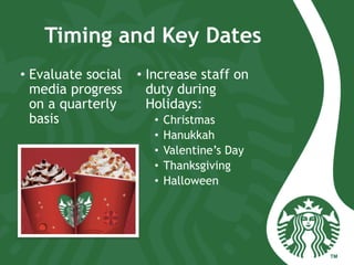Timing and Key Dates
•  Evaluate social
media progress
on a quarterly
basis
•  Increase staff on
duty during
Holidays:
•  Christmas
•  Hanukkah
•  Valentine’s Day
•  Thanksgiving
•  Halloween
 