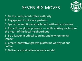 SEVEN BIG MOVES
1. Be the undisputed coffee authority
2. Engage and inspire our partners
3. Ignite the emotional attachment with our customers
4. Expand our global presence — while making each store
the heart of the local neighborhood
5. Be a leader in ethical sourcing and environmental
impact
6. Create innovative growth platforms worthy of our
coffee
7. Deliver a sustainable economic model
 