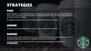 STRATEGIES
PAID
Boost #ageless content on Facebook on Monday and Friday afternoons to reach targeted
and current audiences...