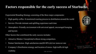 Factors responsible for the early success of Starbucks
Experiential Branding Strategy consisting of the three major components:

• High quality coffee- It monitored roasting process to distribution around the world
• Service- Provide intimate and uplifting experience each time
• Atmosphere- Friendly environment with universal appeal, encouraged lounging

and layouts
Other factors that contributed the early success includes:
• Attractive Market- Unexploited without strong competitors
• Partner Satisfaction- High satisfaction rate(80-90%) & low turnover rate
• Company’s Distribution strategy and location of stores- high traffic & high
visibility

CRM SECTION A

4

 