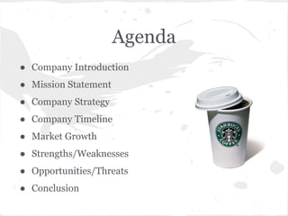 Agenda
● Company Introduction
● Mission Statement
● Company Strategy
● Company Timeline
● Market Growth
● Strengths/Weaknesses
● Opportunities/Threats
● Conclusion
 
