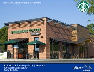 STARBUCKS (Chicago MSA | S&P: A-)
630 Northwest Highway
Cary, IL 60013
NET LEASE INVESTMENT OFFERING
Representative Image
 