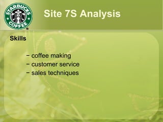 Site 7S Analysis
Skills
− coffee making
− customer service
− sales techniques
 