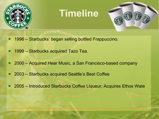 Timeline
 1996 – Starbucks’ began selling bottled Frappuccino.
 1999 – Starbucks acquired Tazo Tea.
 2000 – Acquired Hear Music, a San Francisco-based company
 2003 – Starbucks acquired Seattle’s Best Coffee
 2005 – Introduced Starbucks Coffee Liqueur; Acquires Ethos Wate
 