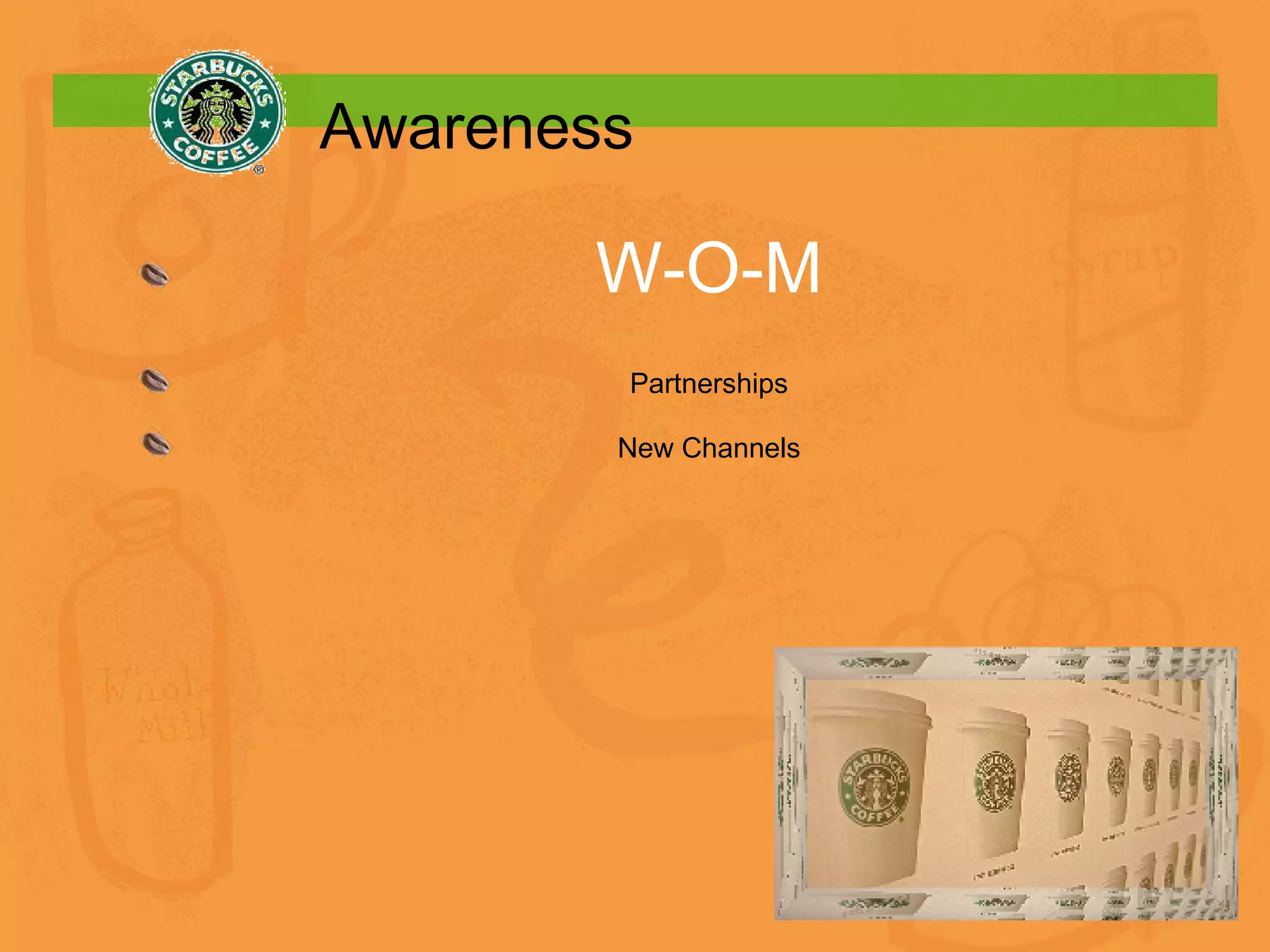 Awareness W-O-M Partnerships New Channels 