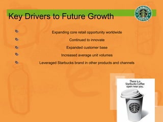 Key Drivers to Future Growth Expanding core retail opportunity worldwide Continued to innovate Expanded customer base Increased average unit volumes Leveraged Starbucks brand in other products and channels 