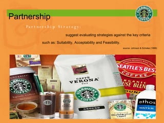 Partnership Partnership Strategy: suggest evaluating strategies against the key criteria such as: Suitability, Acceptability and Feasibility. source: Johnson & Scholes (1999) 