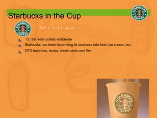 Starbucks in the Cup 90’s till now 13,168 retail outlets worldwide Starbucks has been expanding its business into food, ice cream, tea,  RTD business, music, credit cards and film   
